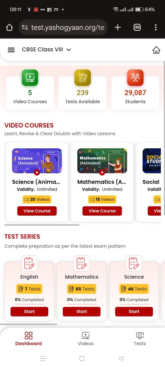 YashoGyaan learning portal dashboard with video courses and test series