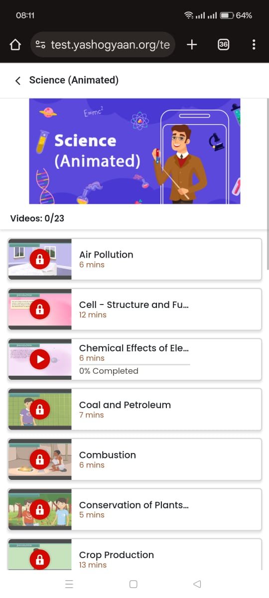 Science animated course lesson list in the YashoGyaan portal